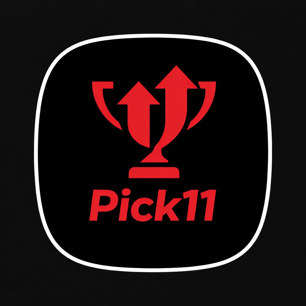 Pick11 cricket app 2026 logo with red trophy icon on black background